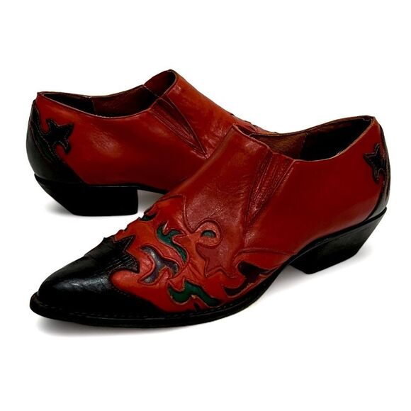 Hunt Club Shoes - Hunt Club Red Leather Jennifer Western Bootie with Purple & Green Inlays Sz 6.5